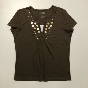 NWT ISABELLA’S CLOSET Women’s Pullover Brown Top with Sequins and Studs size S